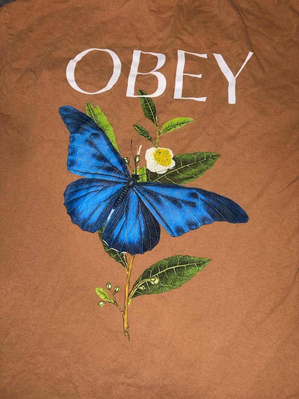 Obey Butterfly T-Shirt Size L Brown Floral Graphic Tee